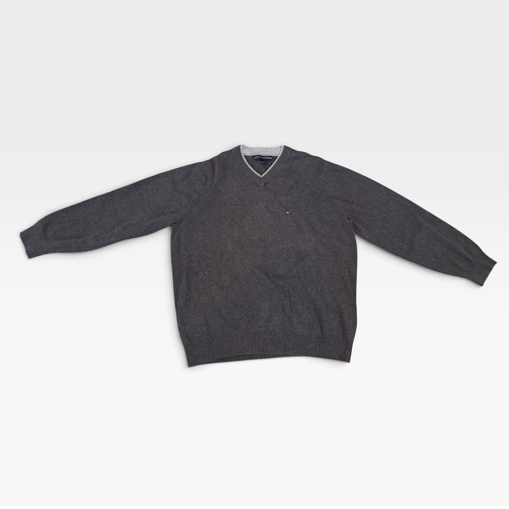 Tommy Hilfiger Mens Charcoal Gray V Neck Pullover Sweater Flag Logo M